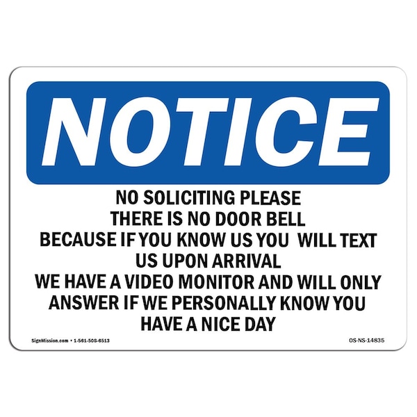 Sign, 3.5" H, 5" W, No Soliciting Please There Is No Door Bell Sign, Landscape, NS-D-35-L-14835-10PK